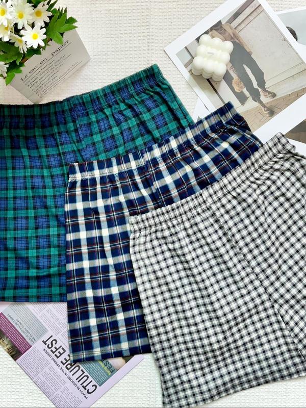 Men's Plaid Print Elastic Waist Sleep Shorts, Casual Comfy Breathable Pajama Shorts for Daily Wear, Men's Sleep Bottoms for All Seasons