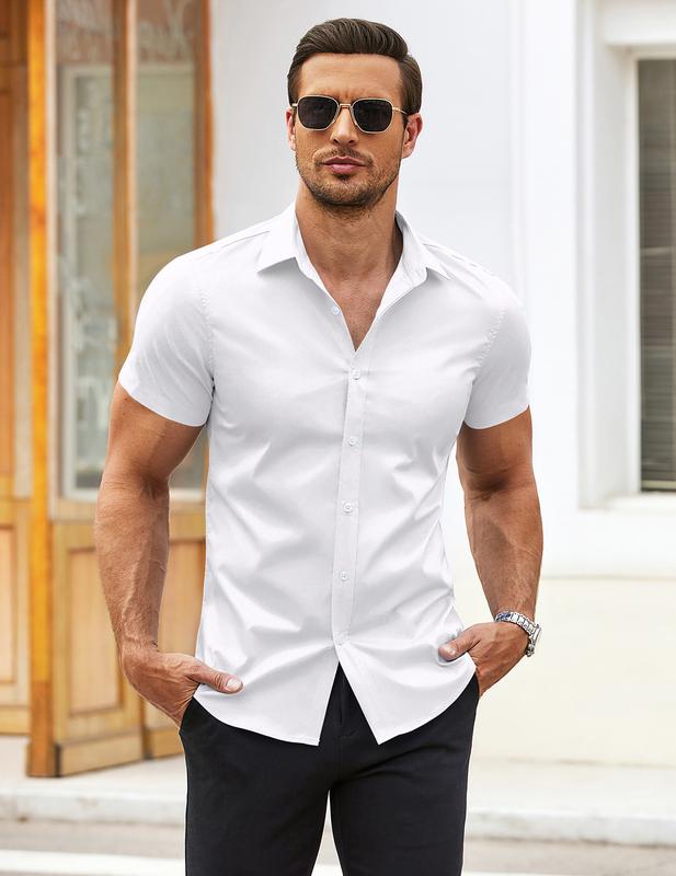 COOFANDY Summer Clearance Men's Muscle-fit Casual Short-sleeved Shirt Fabric Menswear Shortsleeve Activewear  Elastic Spandex Stretch Tops  Classic Classy Stylish