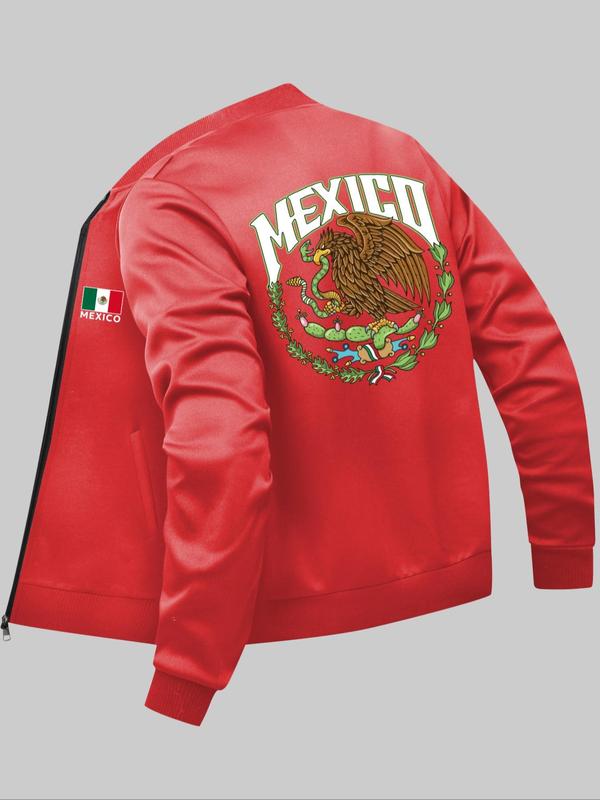 Men's Mexico Flag & Eagle Print Zip Up Bomber Jacket, Casual Comfy Long Sleeve Baseball Collar Outerwear for Daily Wear, Men's Clothing for All Seasons Jacket Coat