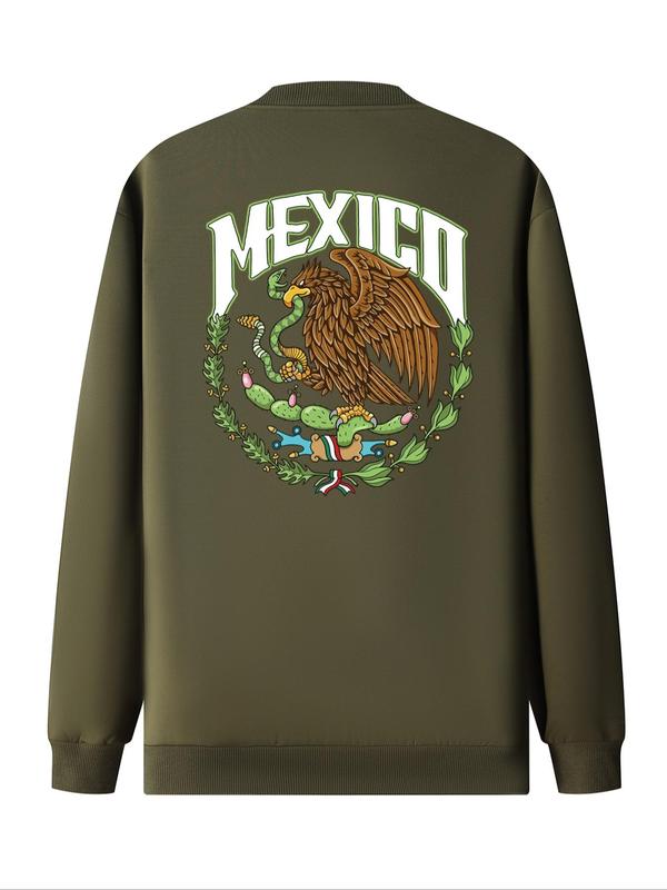 Men's Mexico Flag & Eagle Print Zip Up Bomber Jacket, Casual Comfy Long Sleeve Baseball Collar Outerwear for Daily Wear, Men's Clothing for All Seasons Jacket Coat