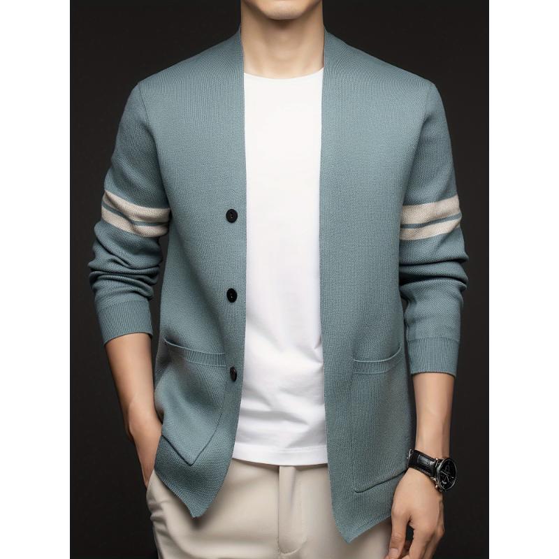 Men's Casual Cardigan Blazer - Polyester Blend Knit Fabric, Lapel Collar with Button Details, Regular Fit, Striped Sleeves, Slight Stretch, Suitable for Spring Fall