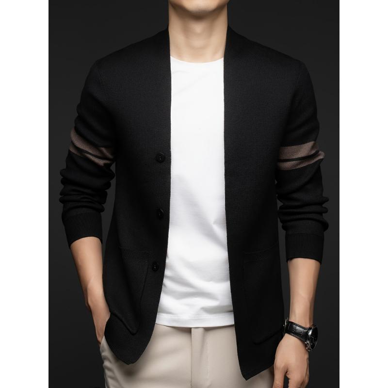 Men's Casual Cardigan Blazer - Polyester Blend Knit Fabric, Lapel Collar with Button Details, Regular Fit, Striped Sleeves, Slight Stretch, Suitable for Spring Fall