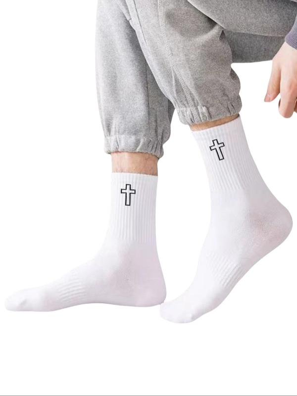 Men's Cross Print Crew Socks, Casual Comfy Breathable Mid-calf Socks for Daily Wear, Men's Socks for All Seasons