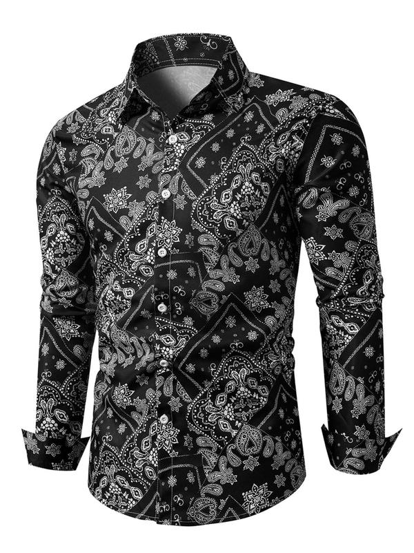 Men's Ethnic Paisley Print Button Front Shirt, Regular Fit Boho Long Sleeve Collared Top for Daily Holiday Vacation Wear, Men's Clothes for All Seasons