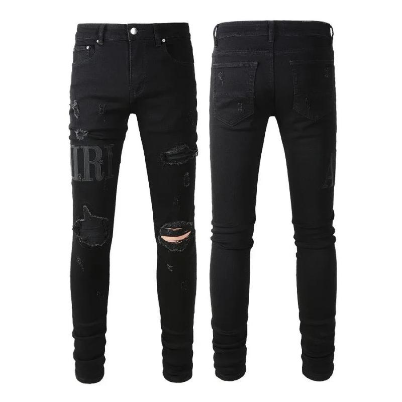 Ameri Men's High Street Skinny Denim Pants with Black Embroidery Letters - Fashion Repair Low Rise Trousers - Menswear, Underwear