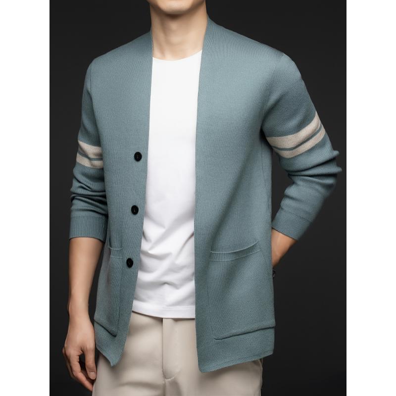 Men's Casual Cardigan Blazer - Polyester Blend Knit Fabric, Lapel Collar with Button Details, Regular Fit, Striped Sleeves, Slight Stretch, Suitable for Spring Fall