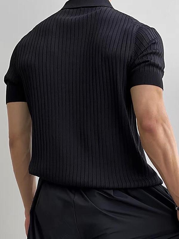 Men's Regular Fit Solid Short Sleeve Knit Polo Shirt, Summer Outfits, Casual Plain Streetwear Business Button Front Half Placket Ribbed Knit Top for Summer, Menswear, Men's Knitwear for Daily Wear, Vintage Clothing, 80s Fashion