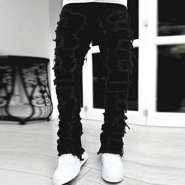 Mens Black Stacked Jeans Slim Fit Ripped Jeans Destroyed Straight Denim Pants Harajuku Hip Hop Trouser Streetwear