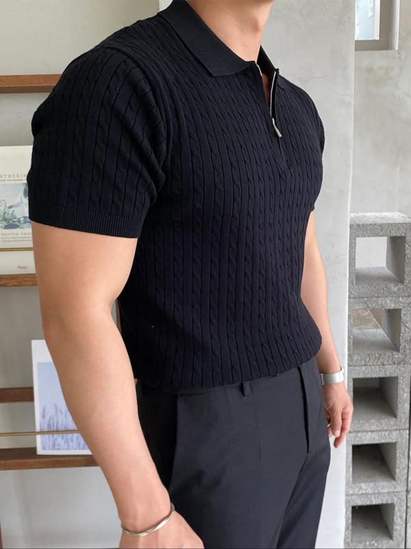 Men's Regular Fit Solid Zip Front Collar Cable Knit Top, Casual Short Sleeve Knitwear for Summer, Fashion Men's Knit Clothing for Daily Wear