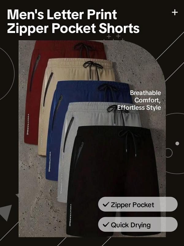 Men's Letter Print Zipper Pocket Shorts, Regular Fit Casual Breathable Quick Drying Straight Leg Short Pants, Mens Shorts, Men's Bottoms for All Seasons