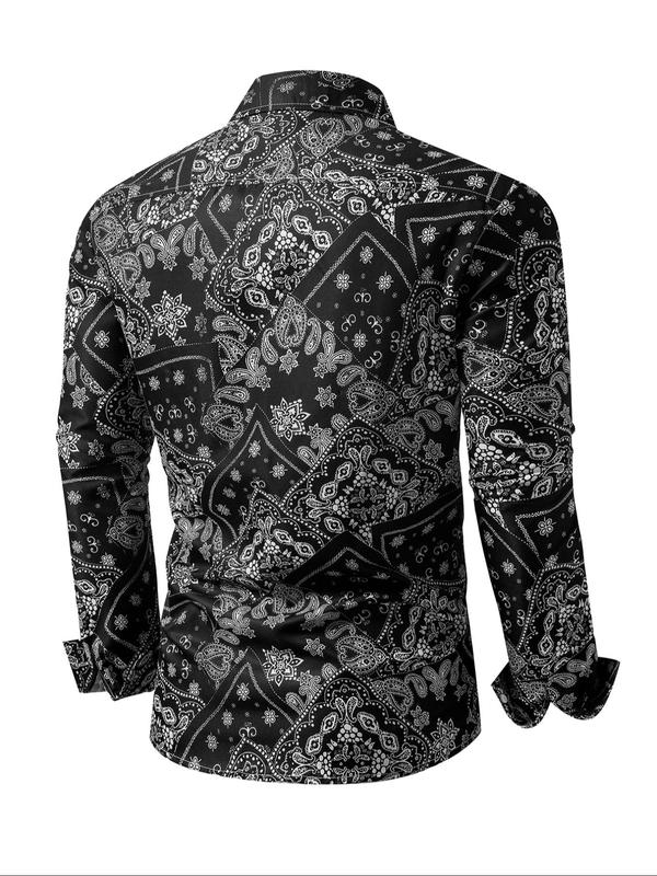 Men's Ethnic Paisley Print Button Front Shirt, Regular Fit Boho Long Sleeve Collared Top for Daily Holiday Vacation Wear, Men's Clothes for All Seasons