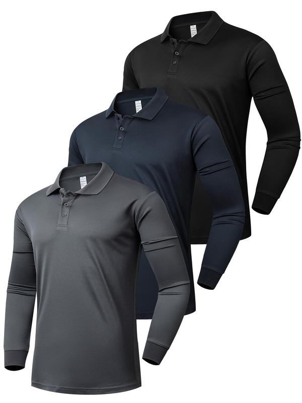 Men's Solid Long Sleeve Sports Polo Shirt, Casual Breathable Quick Drying Collared Top for Golf Outdoor Sports, Men's Sportswear for Fall & Winter