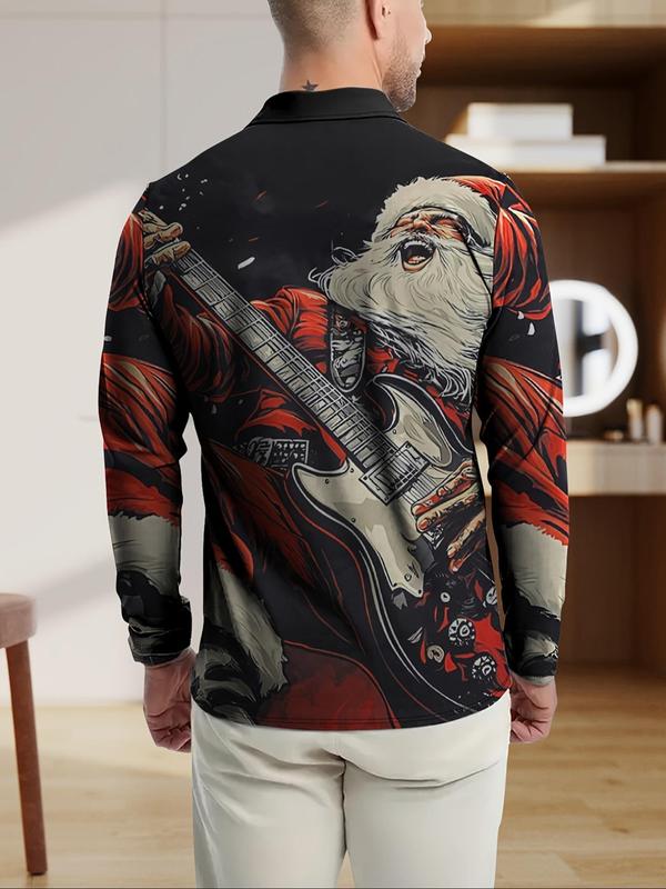 Men's Regular Fit Santa Claus & Guitar Print Zipper Polo Shirt, Casual Long Sleeve Collared Top for All Seasons, Fashion Men's Clothes for Daily Wear