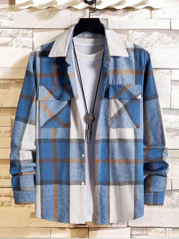 Men's Plaid Print Button Front Pocket Shirt, Regular Fit Casual Long Sleeve Collared Top for Fall, Going Out Outfit 2024, Men's Fall Clothes, Vintage Clothing, Fall Outfits