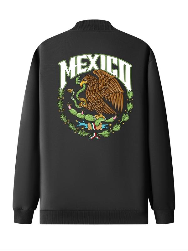 Men's Mexico Flag & Eagle Print Zip Up Bomber Jacket, Casual Comfy Long Sleeve Baseball Collar Outerwear for Daily Wear, Men's Clothing for All Seasons Jacket Coat