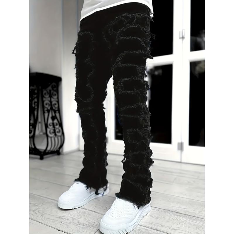 Medium Stretch Creative Raw Trim Jeans, Men's Casual Street Style Denim Pants