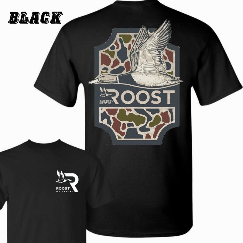 Roost Waterfowl Duck Hunting T-Shirt - Camo Design , Black Outdoor Graphic Tee , Perfect for Waterfowl Hunters , Unisex Shirt for Comfort and Style , Durable Hunting Apparel , Ideal for Nature Enthusiasts Menswear Classic Crewneck Underwear Streetwear