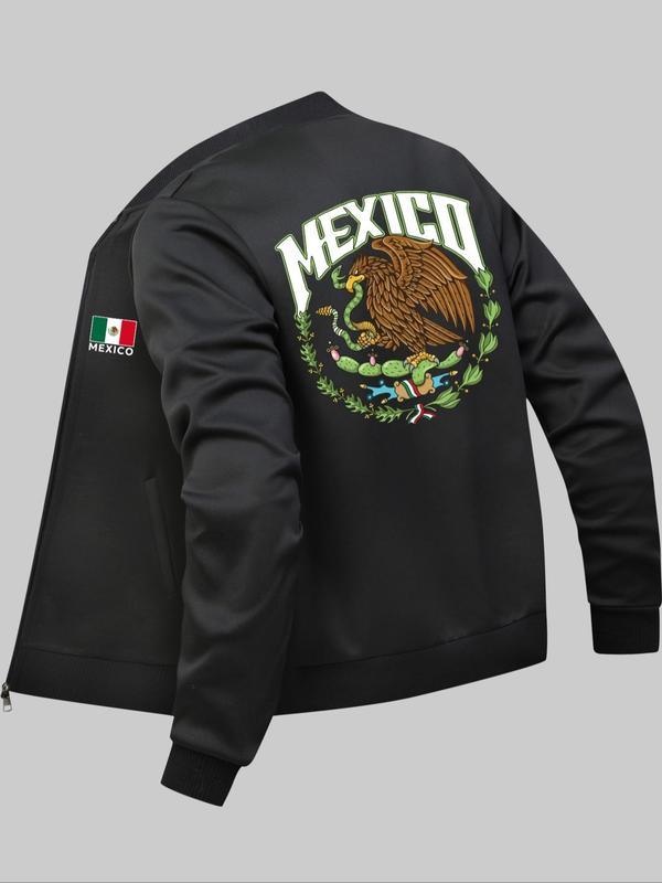 Men's Mexico Flag & Eagle Print Zip Up Bomber Jacket, Casual Comfy Long Sleeve Baseball Collar Outerwear for Daily Wear, Men's Clothing for All Seasons Jacket Coat