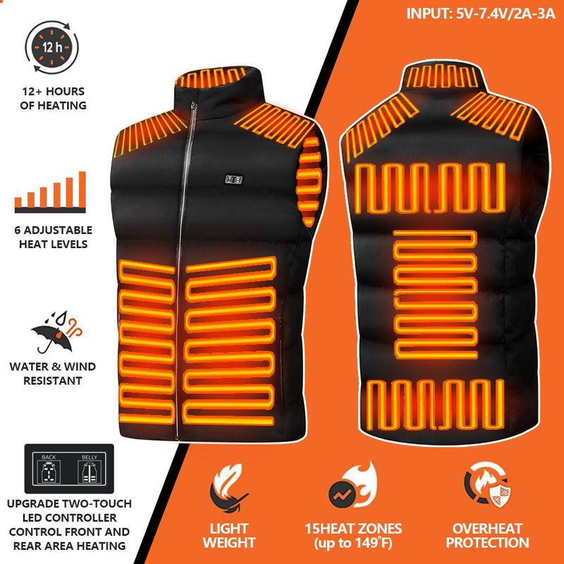 Heated Vest for Men Women,Two-touch 15Heat Zones LED Controller， Heated Jackets for Men Women With Battery Pack Two-Touch LED  level Menswear Tops