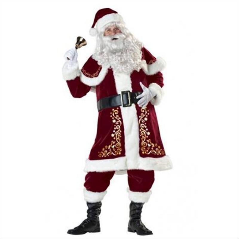 Santa Claus Costume Set, Hat+Shawl+Top Shirt +Loose Pants+Shoes+Gloves+Waist Belt, Deluxe Velvet Adult Kids Santa Suit