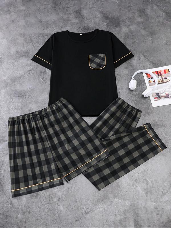 Men's Plaid Print Pocket Tee & Drawstring Waist Shorts & Pants Three-piece Set, Casual Comfy Round Neck Short Sleeve T-shirt & Shorts & Trousers Pj Set, Men's Sleepwear for All Seasons