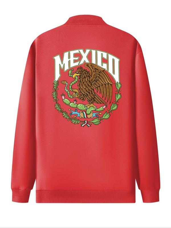 Men's Mexico Flag & Eagle Print Zip Up Bomber Jacket, Casual Comfy Long Sleeve Baseball Collar Outerwear for Daily Wear, Men's Clothing for All Seasons Jacket Coat