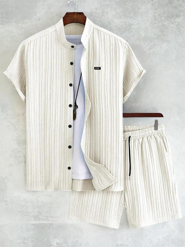 2 Counts Men's Letter Patched Button Front Shirt & Elastic Waist Shorts Set without Tee & Necklace, Casual Regular Fit Short Sleeve Stand Collar Top & Pocket Drawstring Waist Shorts,  Men's 2 Piece Set, Two Piece Outfits for Summer