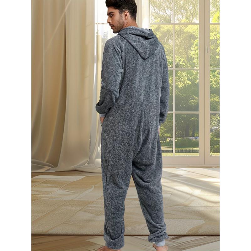 Men's Cozy Fleece-Lined Hooded Zip-Up Onesie Pajamas - Casual, Machine Washable, Solid Color Sleepwear Loungewear Menswear