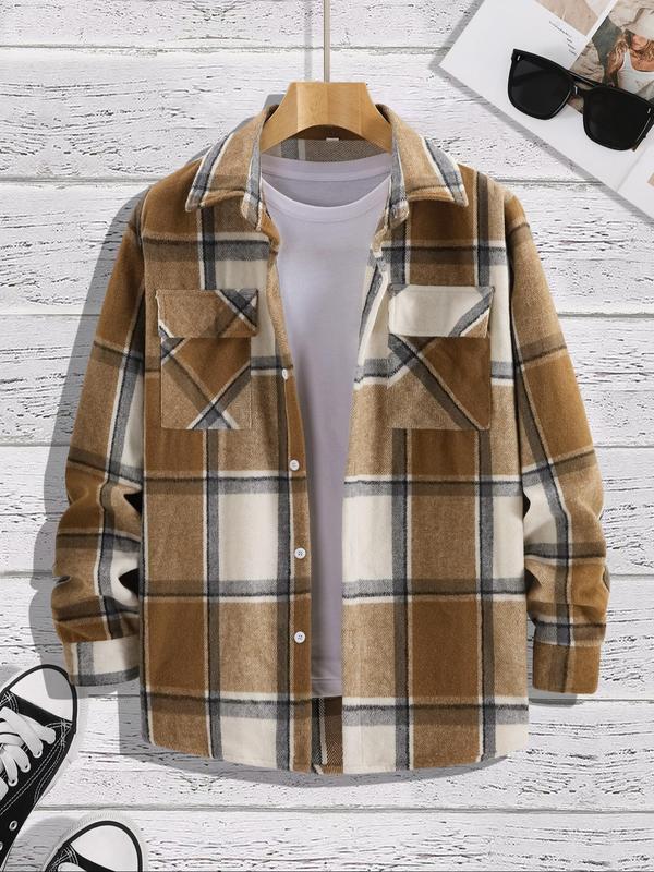 Men's Plaid Print Button Front Pocket Shirt, Regular Fit Casual Long Sleeve Collared Top for Fall, Going Out Outfit 2024, Men's Fall Clothes, Vintage Clothing, Fall Outfits