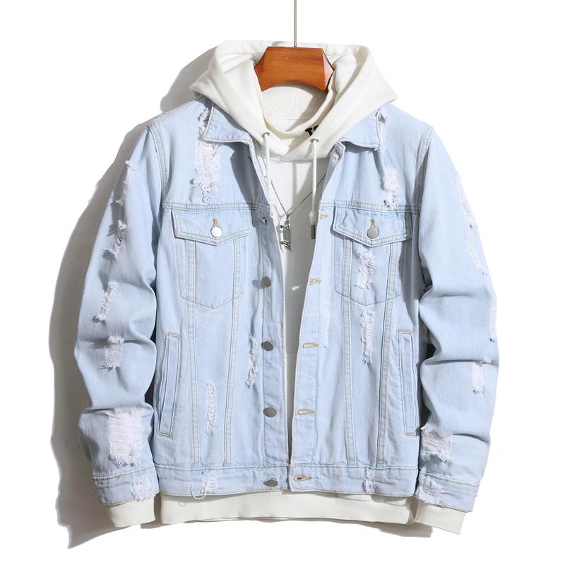 Men New Ripped Solid Washing Blue Slim Denim Jacket Good Quality Holes Casual Male Jacket Coat