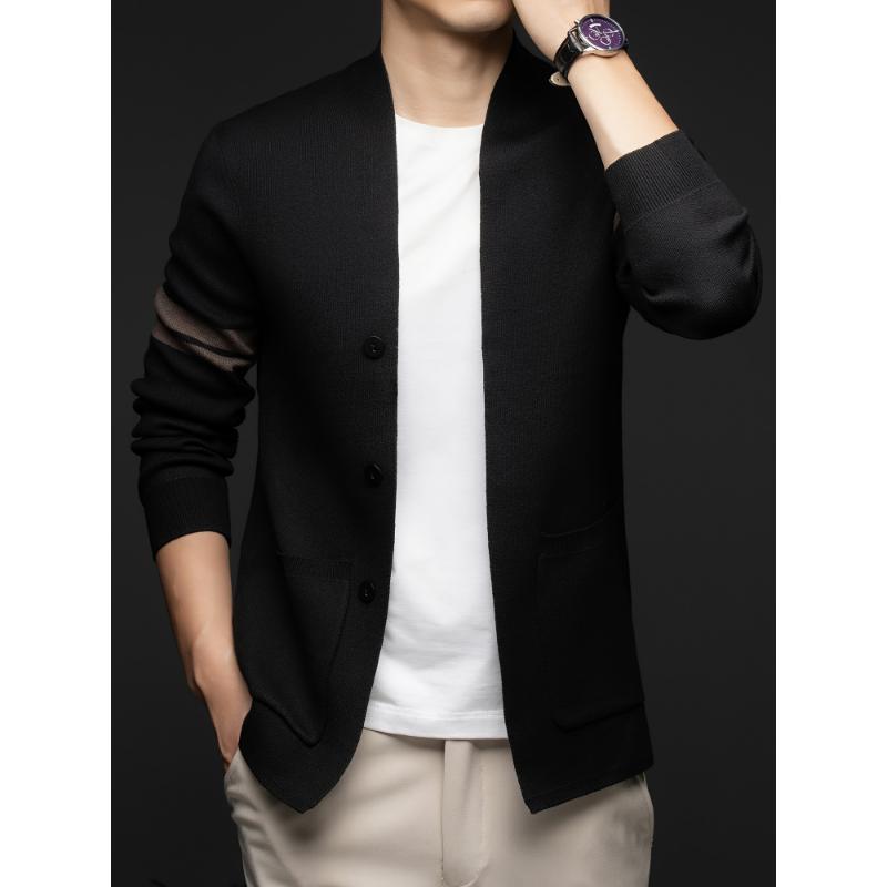 Men's Casual Cardigan Blazer - Polyester Blend Knit Fabric, Lapel Collar with Button Details, Regular Fit, Striped Sleeves, Slight Stretch, Suitable for Spring Fall