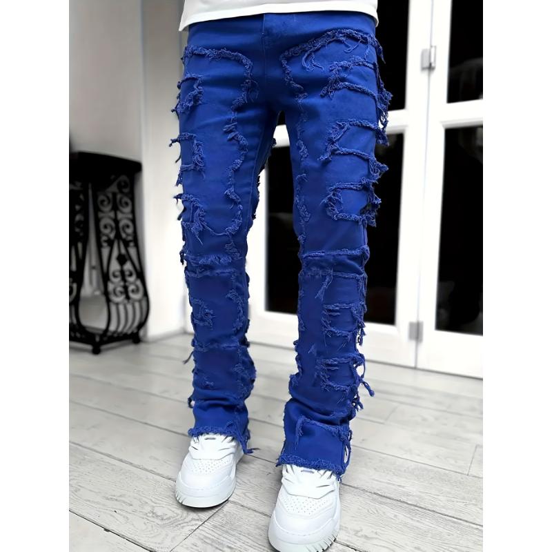 Medium Stretch Creative Raw Trim Jeans, Men's Casual Street Style Denim Pants