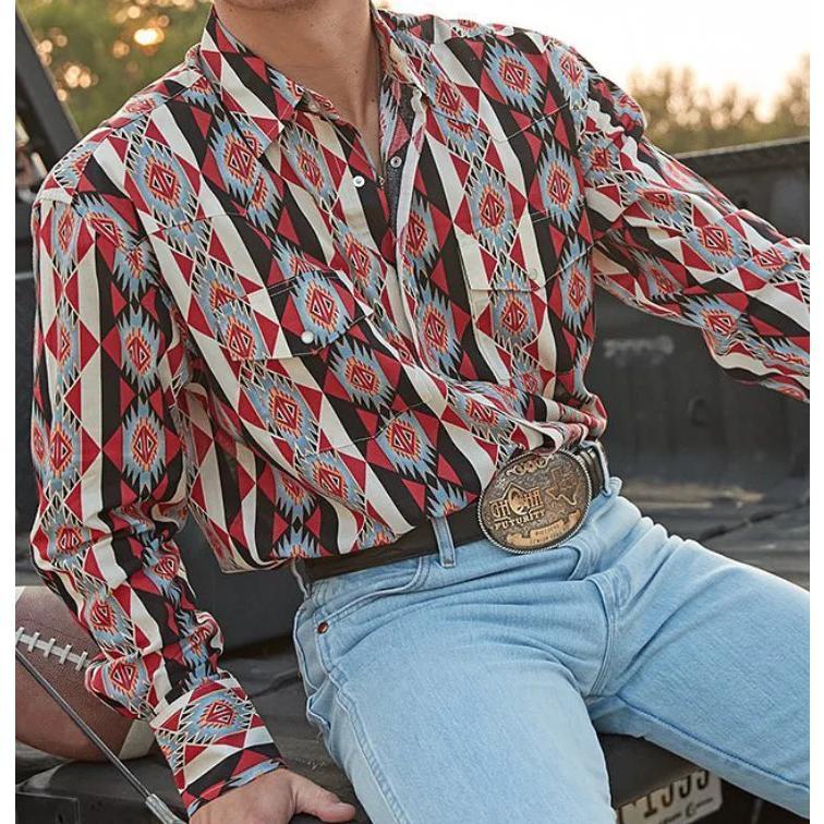 High Quality Fashion Aztec Printed Western Men's Long Sleeve Shirt Vintage Men Casual Mexican Cowboy Polo Shirts top Menswear Biker