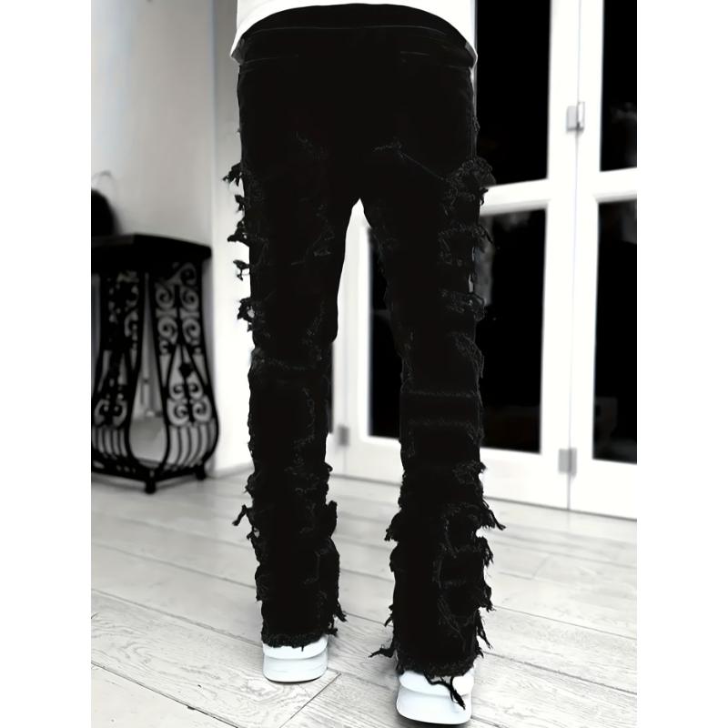 Medium Stretch Creative Raw Trim Jeans, Men's Casual Street Style Denim Pants