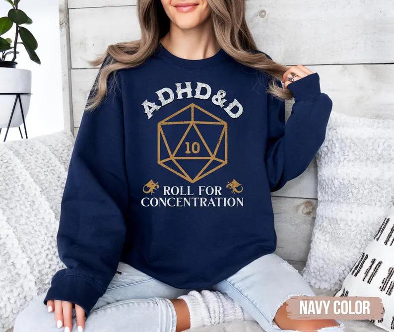 ADHD&D Roll for Concentration Sweatshirt, Dungeons and Dragons Dnd T-shirt, DnD Vintage Tee, ADHD Unisex shirt, DnD Shirt, RPG Gift, Dungeons Master Sweatshirt