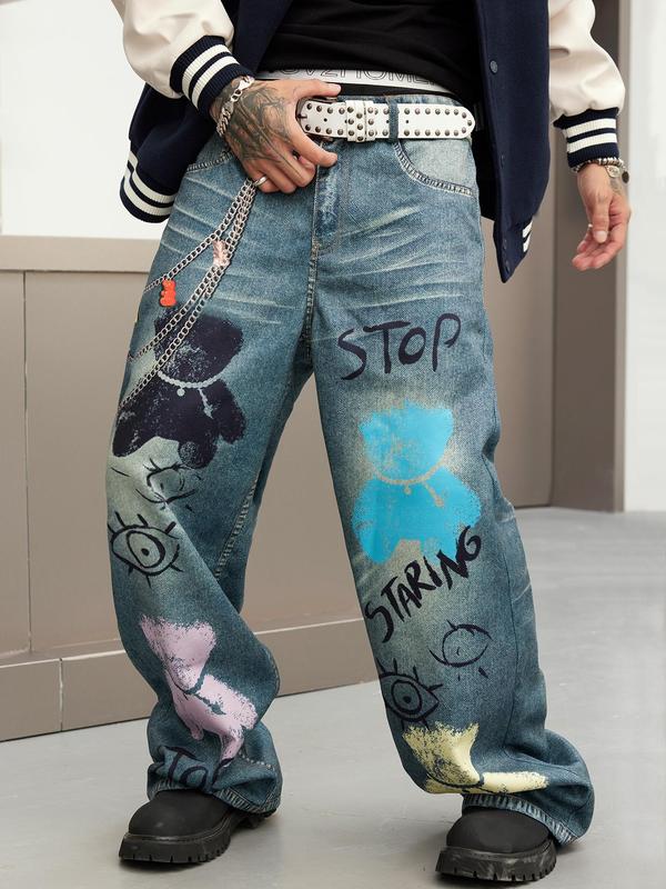 Men's Pop Art Print Pocket Zipper Fly Straight Leg Denim-effect Print Pants, Street Fashion Casual Loose  Pants for Daily Wear, Mens Bottoms for All Seasons