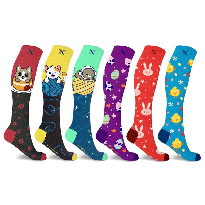 Extreme Fit Knee-High Support Socks Novelty Collection (6-Pairs) - Moisture-Wicking & Comfort Fit