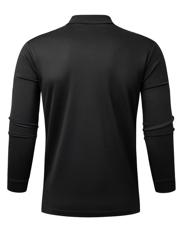 Men's Solid Long Sleeve Sports Polo Shirt, Casual Breathable Quick Drying Collared Top for Golf Outdoor Sports, Men's Sportswear for Fall & Winter