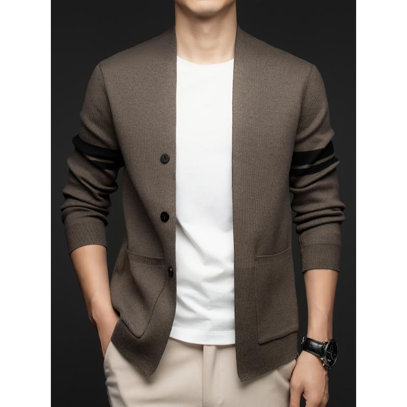 Men's Casual Cardigan Blazer - Polyester Blend Knit Fabric, Lapel Collar with Button Details, Regular Fit, Striped Sleeves, Slight Stretch, Suitable for Spring Fall