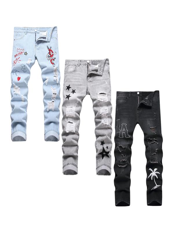 3 Pack Jeans For Men, Blue & Grey & Black Jeans,  Fashion Straight Ripped Slim Fit Denim Pants. Casual breathable Comfy Trouser, Menswear Streetwear