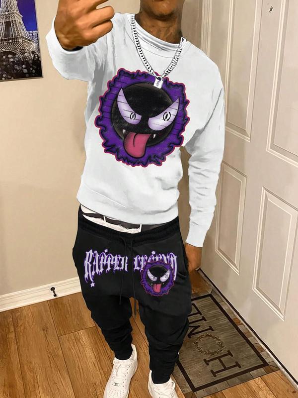 Men's Cartoon Graphic Print Sweatshirt & Drawstring Waist Sweatpants Set, Regular Fit Casual Fashion Cozy Round Neck Long Sleeve Pullover & Pocket Jogger Pants for Daily Wear, Men Outfits for Fall & Winter