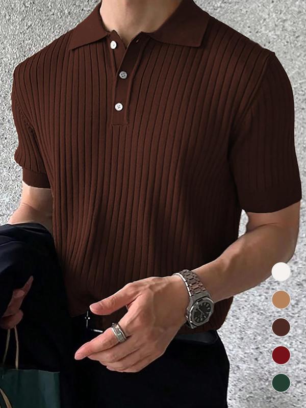 Men's Regular Fit Solid Short Sleeve Knit Polo Shirt, Summer Outfits, Casual Plain Streetwear Business Button Front Half Placket Ribbed Knit Top for Summer, Menswear, Men's Knitwear for Daily Wear, Vintage Clothing, 80s Fashion