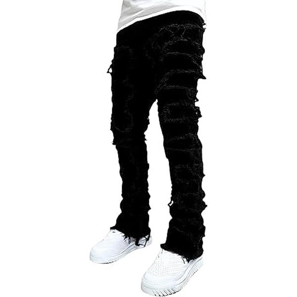 Mens Black Stacked Jeans Slim Fit Ripped Jeans Destroyed Straight Denim Pants Harajuku Hip Hop Trouser Streetwear