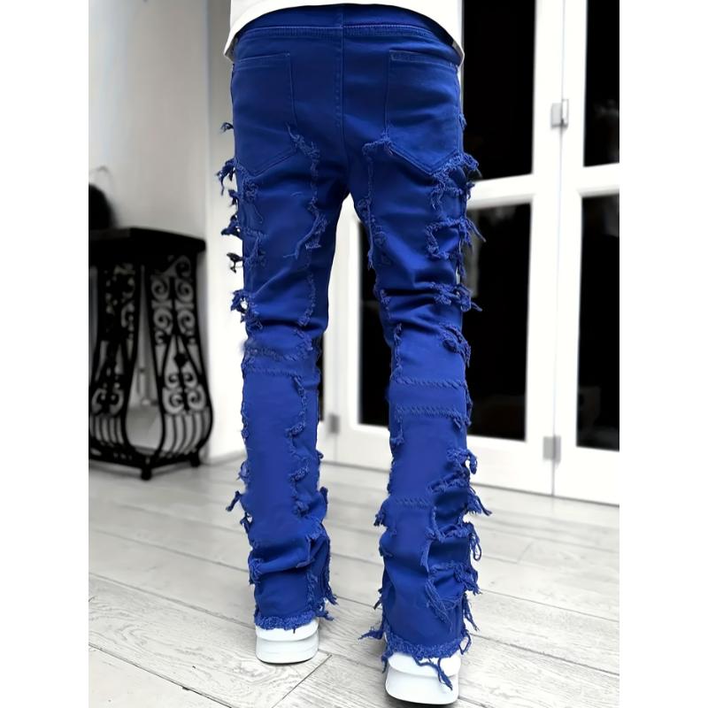 Medium Stretch Creative Raw Trim Jeans, Men's Casual Street Style Denim Pants