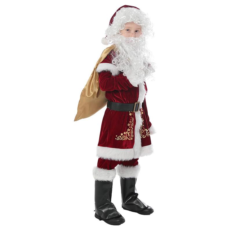 Santa Claus Costume Set, Hat+Shawl+Top Shirt +Loose Pants+Shoes+Gloves+Waist Belt, Deluxe Velvet Adult Kids Santa Suit