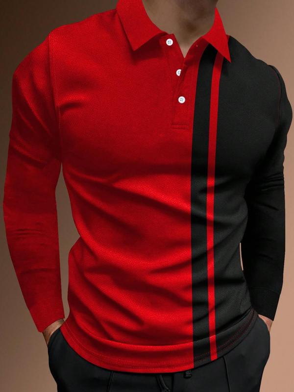 Men's Patchwork Print Half Button Polo Shirt, Regular Fit Casual Long Sleeve Collared Top, Polo Shirts Men, Fall Outfits, Back To School Outfits, Fall Going Out Tops, Men's Clothing, Polo Tees, Fashion Men's Clothes for Daily Wear