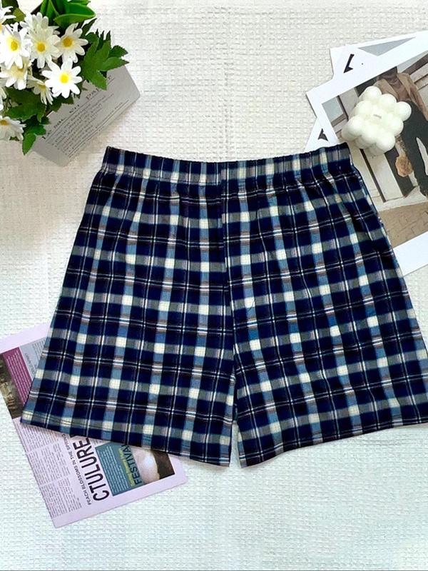 Men's Plaid Print Elastic Waist Sleep Shorts, Casual Comfy Breathable Pajama Shorts for Daily Wear, Men's Sleep Bottoms for All Seasons