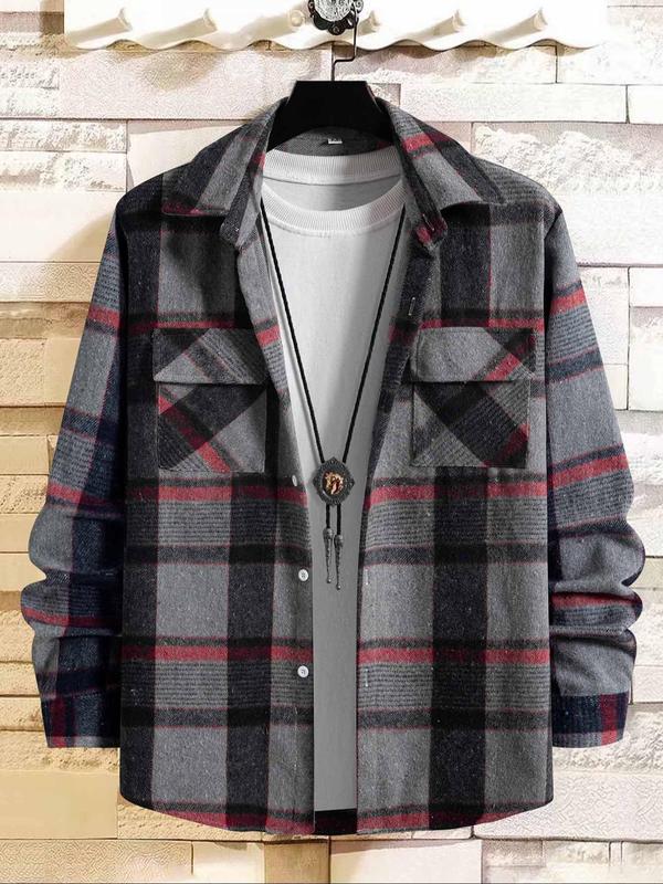 Men's Plaid Print Button Front Pocket Shirt, Regular Fit Casual Long Sleeve Collared Top for Fall, Going Out Outfit 2024, Men's Fall Clothes, Vintage Clothing, Fall Outfits