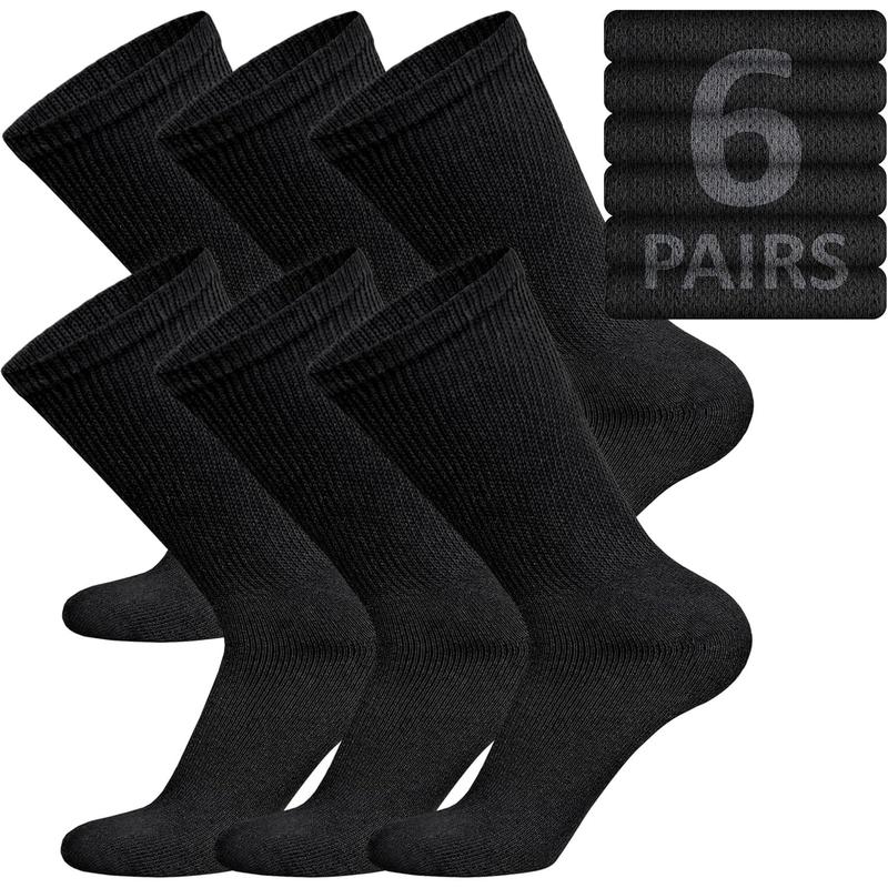 6 Pairs of Cotton Diabetic Non-Binding Neuropathy Crew Socks (Black, Fits Mens Shoe Size 9-12 Womens Shoe Size 10-13)