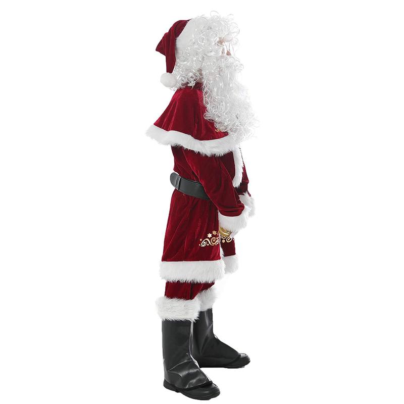 Santa Claus Costume Set, Hat+Shawl+Top Shirt +Loose Pants+Shoes+Gloves+Waist Belt, Deluxe Velvet Adult Kids Santa Suit